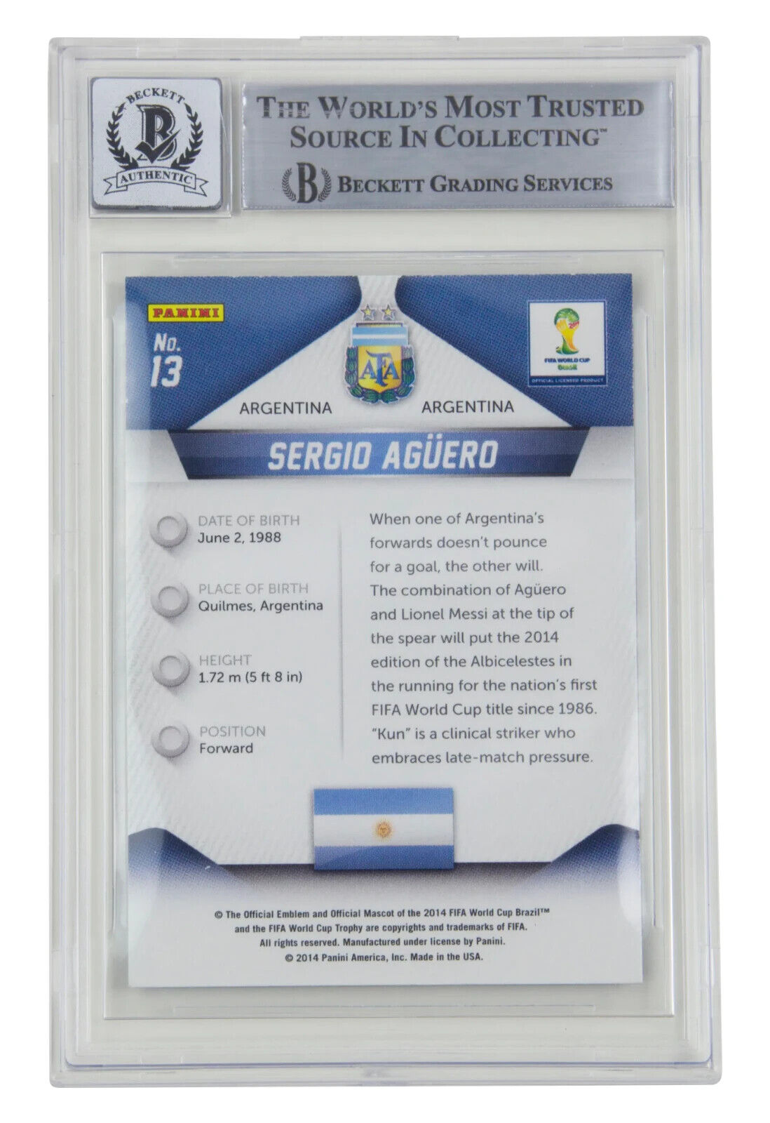 Sergio Aguero Signed 2014 Panini Prizm World Cup #13 – BGS 10 Autograph